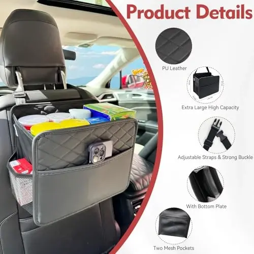Witaxima Upgraded Extra Large Car Seat Organizer Backseat with 3 Storage Pockets, Multipurpose Car Organizer Hanging Car Trash Bag Can Premium PU Leather Garbage Can 3 Gallon Large Capacity, Black. - 3