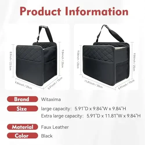 Witaxima Upgraded Extra Large Car Seat Organizer Backseat with 3 Storage Pockets, Multipurpose Car Organizer Hanging Car Trash Bag Can Premium PU Leather Garbage Can 3 Gallon Large Capacity, Black. - 7