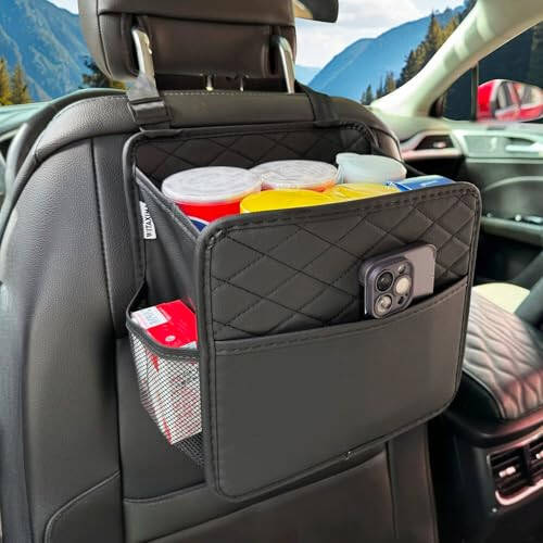 Witaxima Upgrade Car Seat Organizer Backseat with Storage Pockets, Multipurpose Car Organizer Hanging, Car Trash Bag Can,Premium PU Leather Garbage Can 2.14 Gallon Large Capacity, Black - 1