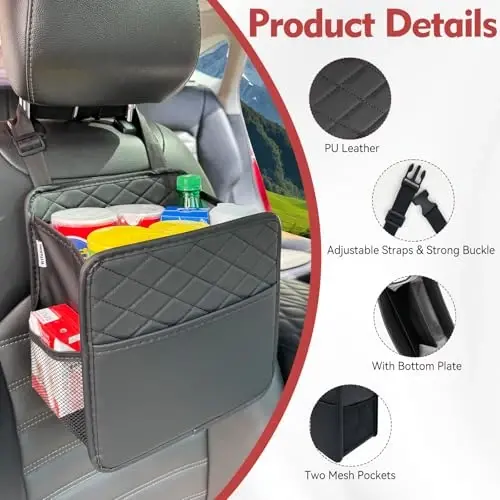 Witaxima Upgrade Car Seat Organizer Backseat with Storage Pockets, Multipurpose Car Organizer Hanging, Car Trash Bag Can,Premium PU Leather Garbage Can 2.14 Gallon Large Capacity, Black - WITAXIMA (1)
