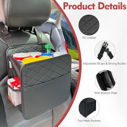 Witaxima Upgrade Car Seat Organizer Backseat with Storage Pockets, Multipurpose Car Organizer Hanging, Car Trash Bag Can,Premium PU Leather Garbage Can 2.14 Gallon Large Capacity, Black. - 3