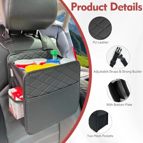 Witaxima Upgrade Car Seat Organizer Backseat with Storage Pockets, Multipurpose Car Organizer Hanging, Car Trash Bag Can,Premium PU Leather Garbage Can 2.14 Gallon Large Capacity, Black - 3