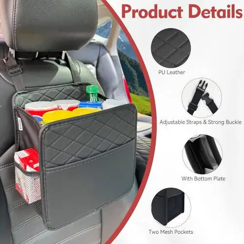 Witaxima Upgrade Car Seat Organizer Backseat with Storage Pockets, Multipurpose Car Organizer Hanging, Car Trash Bag Can,Premium PU Leather Garbage Can 2.14 Gallon Large Capacity, Black - 3