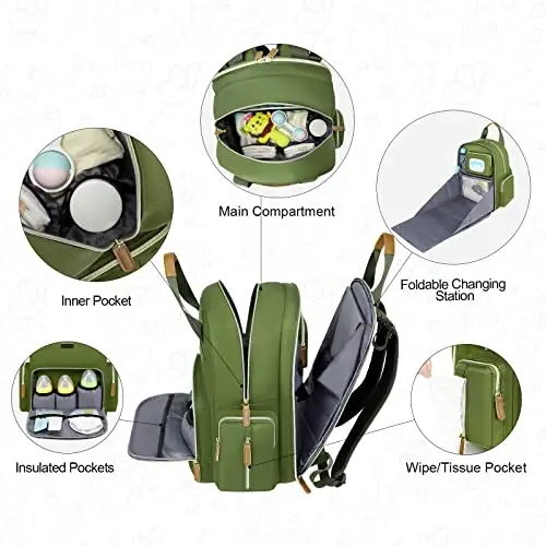 Diaper Bag Backpack with Changing Station, Baby Diaper Organizer Travel Bag | Large Capacity Diaper Bag for Moms Dads - Fold Out Changing Pad, Insulated Pockets, Stroller Straps, Baby Eessentials - 5