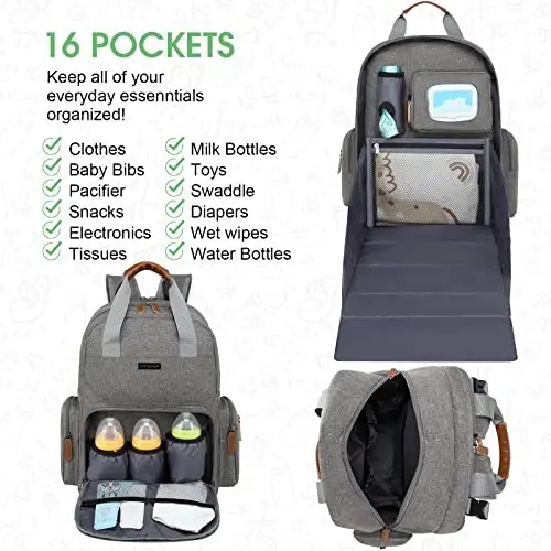 Diaper Bag Backpack with Changing Station, Baby Diaper Organizer Travel Bag | Large Capacity Diaper Bag for Moms Dads - Fold Out Changing Pad, Insulated Pockets, Stroller Straps, Baby Eessentials - 3