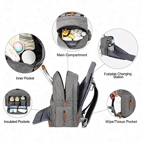 Diaper Bag Backpack with Changing Station, Baby Diaper Organizer Travel Bag | Large Capacity Diaper Bag for Moms Dads - Fold Out Changing Pad, Insulated Pockets, Stroller Straps, Baby Eessentials - 5