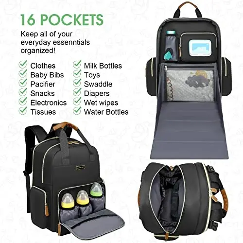 Diaper Bag Backpack with Changing Station, Baby Diaper Organizer Travel Bag | Large Capacity Diaper Bag for Moms Dads - Fold Out Changing Pad, Insulated Pockets, Stroller Straps, Baby Eessentials - 3