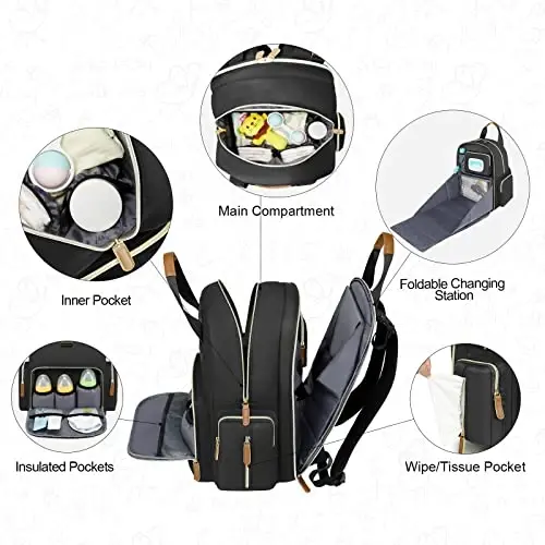 Diaper Bag Backpack with Changing Station, Baby Diaper Organizer Travel Bag | Large Capacity Diaper Bag for Moms Dads - Fold Out Changing Pad, Insulated Pockets, Stroller Straps, Baby Eessentials - 5