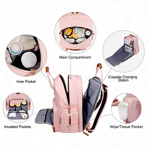 Diaper Bag Backpack with Changing Station, Baby Diaper Organizer Travel Bag | Large Capacity Diaper Bag for Moms Dads - Fold Out Changing Pad, Insulated Pockets, Stroller Straps, Baby Eessentials - 5