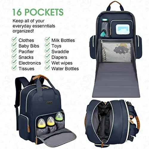 Diaper Bag Backpack with Changing Station, Baby Diaper Organizer Travel Bag | Large Capacity Diaper Bag for Moms Dads - Fold Out Changing Pad, Insulated Pockets, Stroller Straps, Baby Eessentials - 3