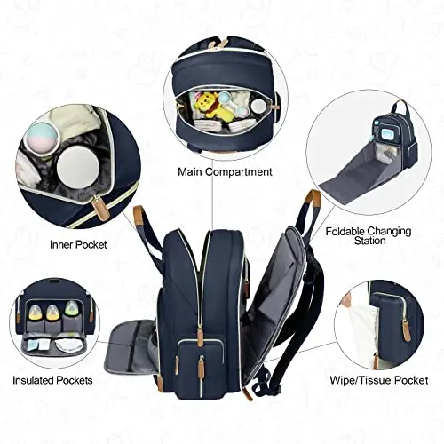 Diaper Bag Backpack with Changing Station, Baby Diaper Organizer Travel Bag | Large Capacity Diaper Bag for Moms Dads - Fold Out Changing Pad, Insulated Pockets, Stroller Straps, Baby Eessentials - 5