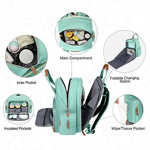 Diaper Bag Backpack with Changing Station, Baby Diaper Organizer Travel Bag | Large Capacity Diaper Bag for Moms Dads - Fold Out Changing Pad, Insulated Pockets, Stroller Straps, Baby Eessentials - 4