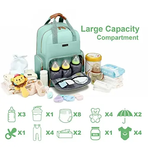 Diaper Bag Backpack with Changing Station, Baby Diaper Organizer Travel Bag | Large Capacity Diaper Bag for Moms Dads - Fold Out Changing Pad, Insulated Pockets, Stroller Straps, Baby Eessentials - 6