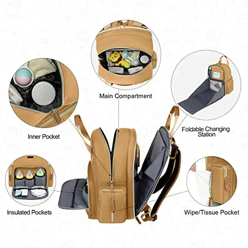 Diaper Bag Backpack with Changing Station, Baby Diaper Organizer Travel Bag | Large Capacity Diaper Bag for Moms Dads - Fold Out Changing Pad, Insulated Pockets, Stroller Straps, Baby Eessentials - 4