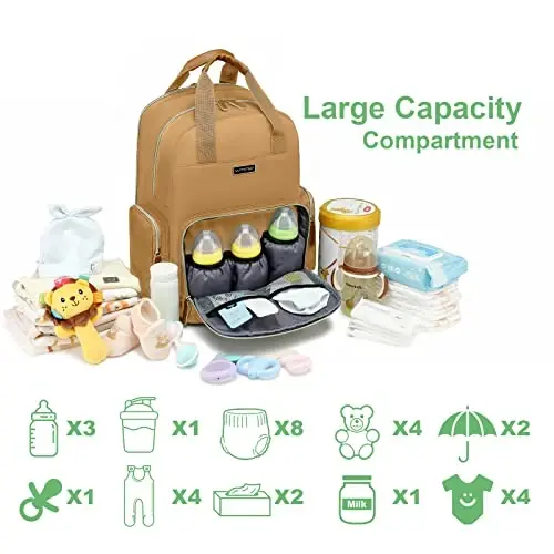 Diaper Bag Backpack with Changing Station, Baby Diaper Organizer Travel Bag | Large Capacity Diaper Bag for Moms Dads - Fold Out Changing Pad, Insulated Pockets, Stroller Straps, Baby Eessentials - 6