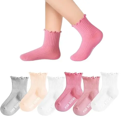 Witwot 6 Pairs Baby Girl Ruffle Crew Socks Toddler Girls Dress Sock Cotton | Back To School Uniform Wear Size 6M - 7Y 
