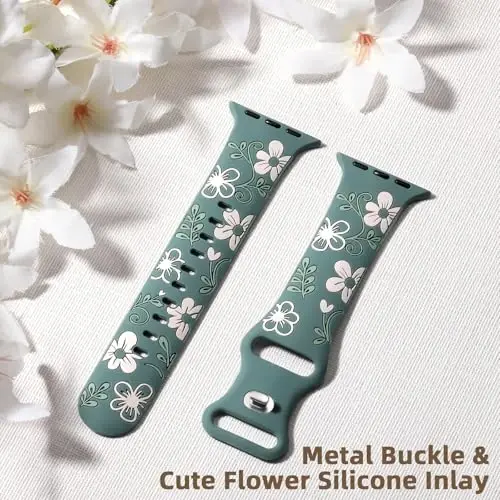 Witzon Floral Band Compatible with Apple Watch Bands For Women 40mm 41mm 38mm 42mm 44mm 45mm 46mm 49mm, Engraved Cute Flower Silicone Dressy Strap for iWatch Series 11 10 9 8 7 6 5 4 3 2 SE Ultra - 5
