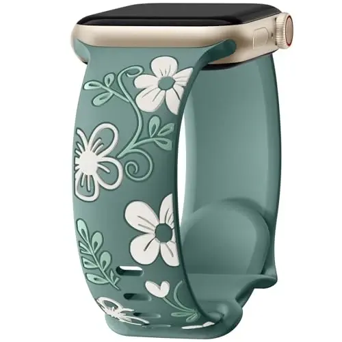 Witzon Floral Band Compatible with Apple Watch Bands For Women 40mm 41mm 38mm 42mm 44mm 45mm 46mm 49mm, Engraved Cute Flower Silicone Inlay Dressy Strap for iWatch Series 10 9 8 7 6 5 4 3 2 SE Ultra - 1