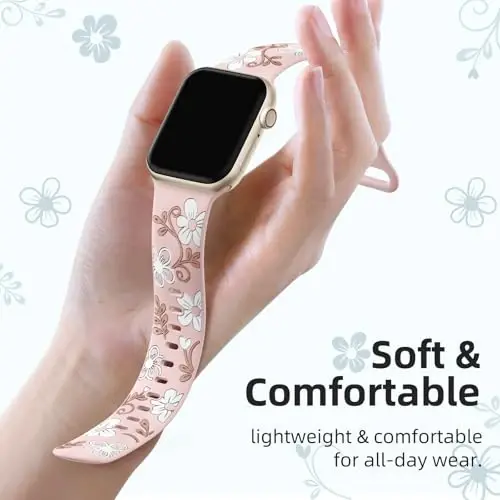 Witzon Floral Band Compatible with Apple Watch Bands For Women 40mm 41mm 38mm 42mm 44mm 45mm 46mm 49mm, Engraved Cute Flower Silicone Dressy Strap for iWatch Series 11 10 9 8 7 6 5 4 3 2 SE Ultra - 3