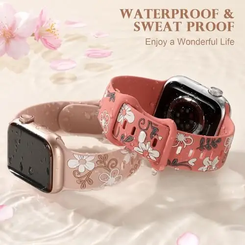Witzon Floral Band Compatible with Apple Watch Bands For Women 40mm 41mm 38mm 42mm 44mm 45mm 46mm 49mm, Engraved Cute Flower Silicone Inlay Dressy Strap for iWatch Series 10 9 8 7 6 5 4 3 2 SE Ultra - 4
