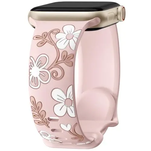 Witzon Floral Band Compatible with Apple Watch Bands For Women 40mm 41mm 38mm 42mm 44mm 45mm 46mm 49mm, Engraved Cute Flower Silicone Inlay Dressy Strap for iWatch Series 10 9 8 7 6 5 4 3 2 SE Ultra - 1
