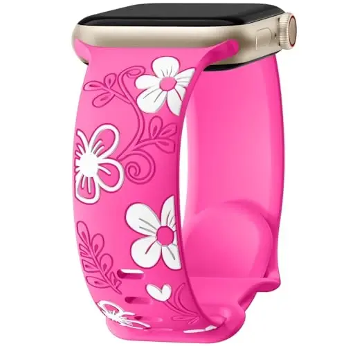Witzon Floral Band Compatible with Apple Watch Bands For Women 40mm 41mm 38mm 42mm 44mm 45mm 46mm 49mm, Engraved Cute Flower Silicone Dressy Strap for iWatch Series 11 10 9 8 7 6 5 4 3 2 SE Ultra - WITZON