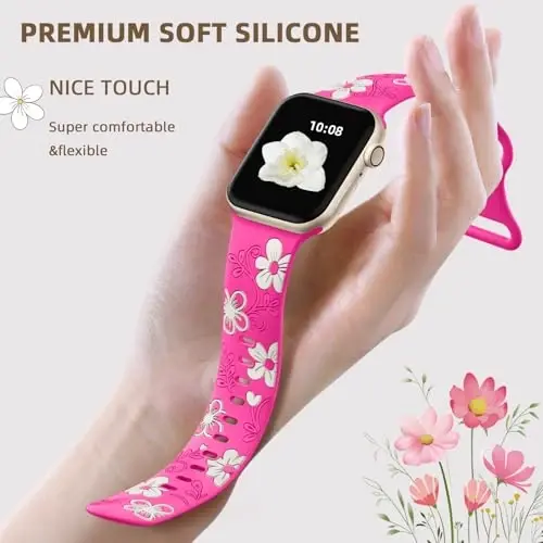 Witzon Floral Band Compatible with Apple Watch Bands For Women 40mm 41mm 38mm 42mm 44mm 45mm 46mm 49mm, Engraved Cute Flower Silicone Dressy Strap for iWatch Series 11 10 9 8 7 6 5 4 3 2 SE Ultra - 3