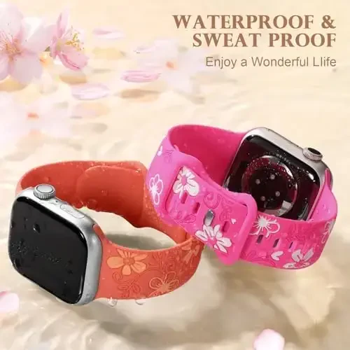 Witzon Floral Band Compatible with Apple Watch Bands For Women 40mm 41mm 38mm 42mm 44mm 45mm 46mm 49mm, Engraved Cute Flower Silicone Inlay Dressy Strap for iWatch Series 10 9 8 7 6 5 4 3 2 SE Ultra - 4