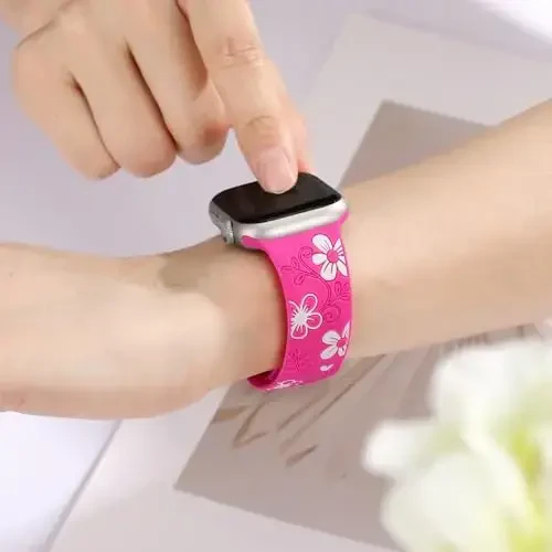 Witzon Floral Band Compatible with Apple Watch Bands For Women 40mm 41mm 38mm 42mm 44mm 45mm 46mm 49mm, Engraved Cute Flower Silicone Inlay Dressy Strap for iWatch Series 10 9 8 7 6 5 4 3 2 SE Ultra - 6