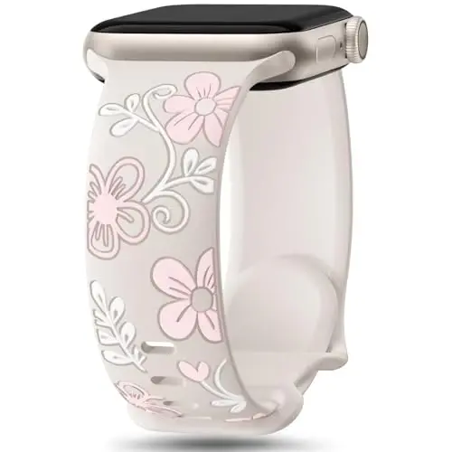 Witzon Floral Band Compatible with Apple Watch Bands For Women 40mm 41mm 38mm 42mm 44mm 45mm 46mm 49mm, Engraved Cute Flower Silicone Inlay Dressy Strap for iWatch Series 10 9 8 7 6 5 4 3 2 SE Ultra - 1
