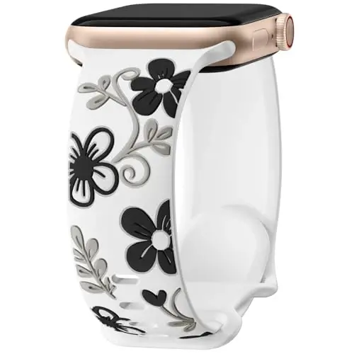 Witzon Floral Band Compatible with Apple Watch Bands For Women 40mm 41mm 38mm 42mm 44mm 45mm 46mm 49mm, Engraved Cute Flower Silicone Inlay Dressy Strap for iWatch Series 10 9 8 7 6 5 4 3 2 SE Ultra 