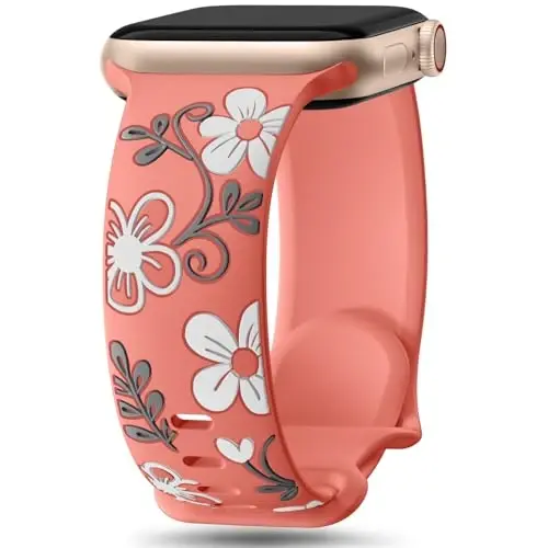 Witzon Floral Band Compatible with Apple Watch Bands For Women 40mm 41mm 38mm 42mm 44mm 45mm 46mm 49mm, Engraved Cute Flower Silicone Dressy Strap for iWatch Series 11 10 9 8 7 6 5 4 3 2 SE Ultra - WITZON