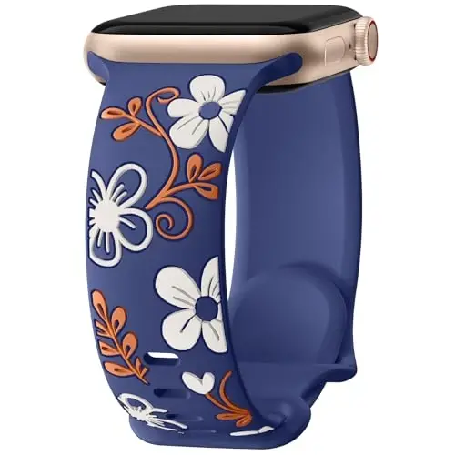 Witzon Floral Band Compatible with Apple Watch Bands For Women 40mm 41mm 38mm 42mm 44mm 45mm 46mm 49mm, Engraved Cute Flower Silicone Dressy Strap for iWatch Series 11 10 9 8 7 6 5 4 3 2 SE Ultra - 1