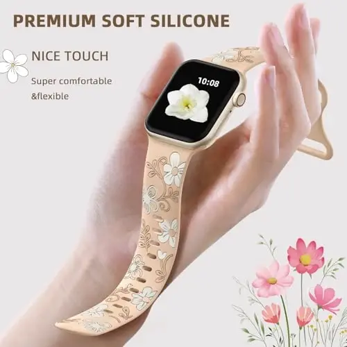 Witzon Floral Band Compatible with Apple Watch Bands For Women 40mm 41mm 38mm 42mm 44mm 45mm 46mm 49mm, Engraved Cute Flower Silicone Dressy Strap for iWatch Series 11 10 9 8 7 6 5 4 3 2 SE Ultra - 4