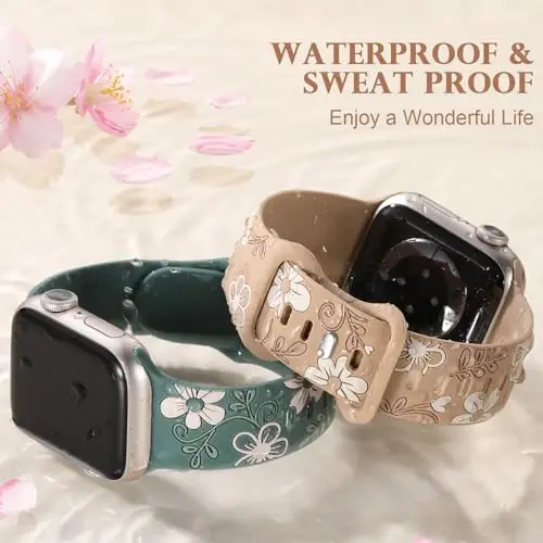Witzon Floral Band Compatible with Apple Watch Bands For Women 40mm 41mm 38mm 42mm 44mm 45mm 46mm 49mm, Engraved Cute Flower Silicone Inlay Dressy Strap for iWatch Series 10 9 8 7 6 5 4 3 2 SE Ultra - 3