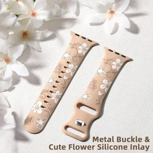 Witzon Floral Band Compatible with Apple Watch Bands For Women 40mm 41mm 38mm 42mm 44mm 45mm 46mm 49mm, Engraved Cute Flower Silicone Inlay Dressy Strap for iWatch Series 10 9 8 7 6 5 4 3 2 SE Ultra - 5