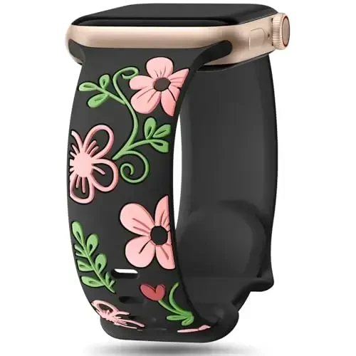 Witzon Floral Band Compatible with Apple Watch Bands For Women 40mm 41mm 38mm 42mm 44mm 45mm 46mm 49mm, Engraved Cute Flower Silicone Dressy Strap for iWatch Series 11 10 9 8 7 6 5 4 3 2 SE Ultra 