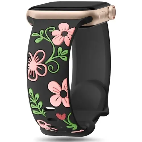 Witzon Floral Band Compatible with Apple Watch Bands For Women 40mm 41mm 38mm 42mm 44mm 45mm 46mm 49mm, Engraved Cute Flower Silicone Dressy Strap for iWatch Series 11 10 9 8 7 6 5 4 3 2 SE Ultra - 1