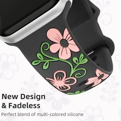 Witzon Floral Band Compatible with Apple Watch Bands For Women 40mm 41mm 38mm 42mm 44mm 45mm 46mm 49mm, Engraved Cute Flower Silicone Dressy Strap for iWatch Series 11 10 9 8 7 6 5 4 3 2 SE Ultra - 4