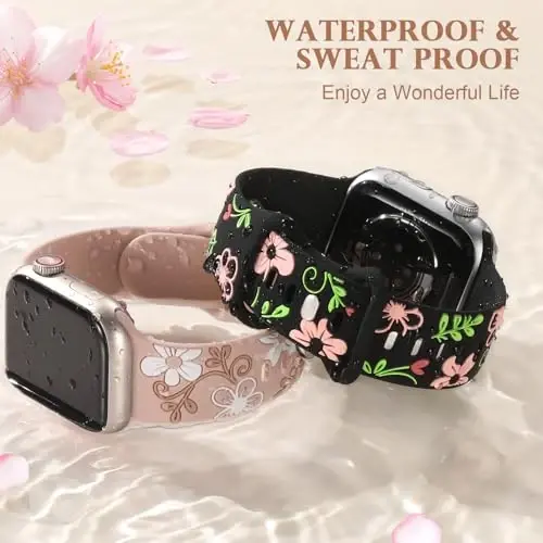 Witzon Floral Band Compatible with Apple Watch Bands For Women 40mm 41mm 38mm 42mm 44mm 45mm 46mm 49mm, Engraved Cute Flower Silicone Dressy Strap for iWatch Series 11 10 9 8 7 6 5 4 3 2 SE Ultra - 5