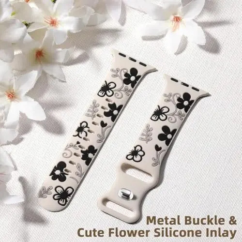 Witzon Floral Band Compatible with Apple Watch Bands For Women 40mm 41mm 38mm 42mm 44mm 45mm 46mm 49mm, Engraved Cute Flower Silicone Dressy Strap for iWatch Series 11 10 9 8 7 6 5 4 3 2 SE Ultra - 5