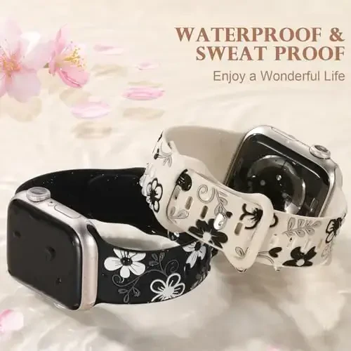 Witzon Floral Band Compatible with Apple Watch Bands For Women 40mm 41mm 38mm 42mm 44mm 45mm 46mm 49mm, Engraved Cute Flower Silicone Inlay Dressy Strap for iWatch Series 10 9 8 7 6 5 4 3 2 SE Ultra - 4