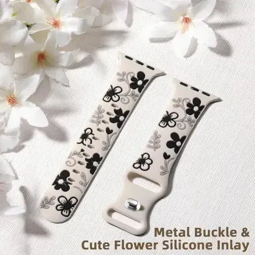 Witzon Floral Band Compatible with Apple Watch Bands For Women 40mm 41mm 38mm 42mm 44mm 45mm 46mm 49mm, Engraved Cute Flower Silicone Inlay Dressy Strap for iWatch Series 10 9 8 7 6 5 4 3 2 SE Ultra - 5