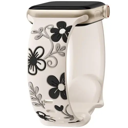 Witzon Floral Band Compatible with Apple Watch Bands For Women 40mm 41mm 38mm 42mm 44mm 45mm 46mm 49mm, Engraved Cute Flower Silicone Inlay Dressy Strap for iWatch Series 10 9 8 7 6 5 4 3 2 SE Ultra - 1