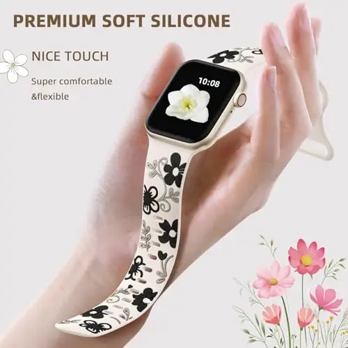 Witzon Floral Band Compatible with Apple Watch Bands For Women 40mm 41mm 38mm 42mm 44mm 45mm 46mm 49mm, Engraved Cute Flower Silicone Inlay Dressy Strap for iWatch Series 10 9 8 7 6 5 4 3 2 SE Ultra - 3