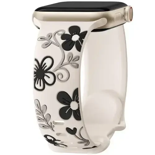 Witzon Floral Band Compatible with Apple Watch Bands For Women 40mm 41mm 38mm 42mm 44mm 45mm 46mm 49mm, Engraved Cute Flower Silicone Inlay Dressy Strap for iWatch Series 10 9 8 7 6 5 4 3 2 SE Ultra - WITZON