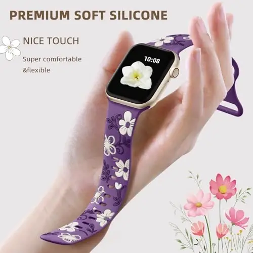 Witzon Floral Band Compatible with Apple Watch Bands For Women 40mm 41mm 38mm 42mm 44mm 45mm 46mm 49mm, Engraved Cute Flower Silicone Dressy Strap for iWatch Series 11 10 9 8 7 6 5 4 3 2 SE Ultra - 3