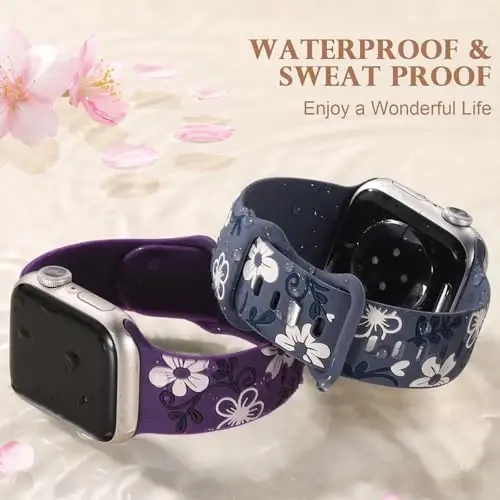 Witzon Floral Band Compatible with Apple Watch Bands For Women 40mm 41mm 38mm 42mm 44mm 45mm 46mm 49mm, Engraved Cute Flower Silicone Dressy Strap for iWatch Series 11 10 9 8 7 6 5 4 3 2 SE Ultra - 4
