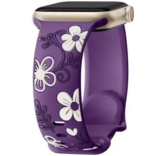 Witzon Floral Band Compatible with Apple Watch Bands For Women 40mm 41mm 38mm 42mm 44mm 45mm 46mm 49mm, Engraved Cute Flower Silicone Inlay Dressy Strap for iWatch Series 10 9 8 7 6 5 4 3 2 SE Ultra - 1