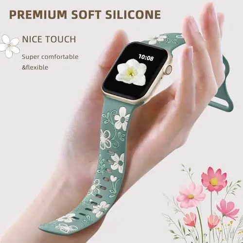 Witzon Floral Band Compatible with Apple Watch Bands For Women 40mm 41mm 38mm 42mm 44mm 45mm 46mm 49mm, Engraved Cute Flower Silicone Dressy Strap for iWatch Series 11 10 9 8 7 6 5 4 3 2 SE Ultra - 4